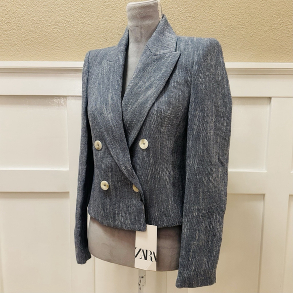 Zara Jackets & Blazers - NWT Zara Houndtooth Double-Breasted Cropped Blazer Size:S Lined Blue MSRP:$99